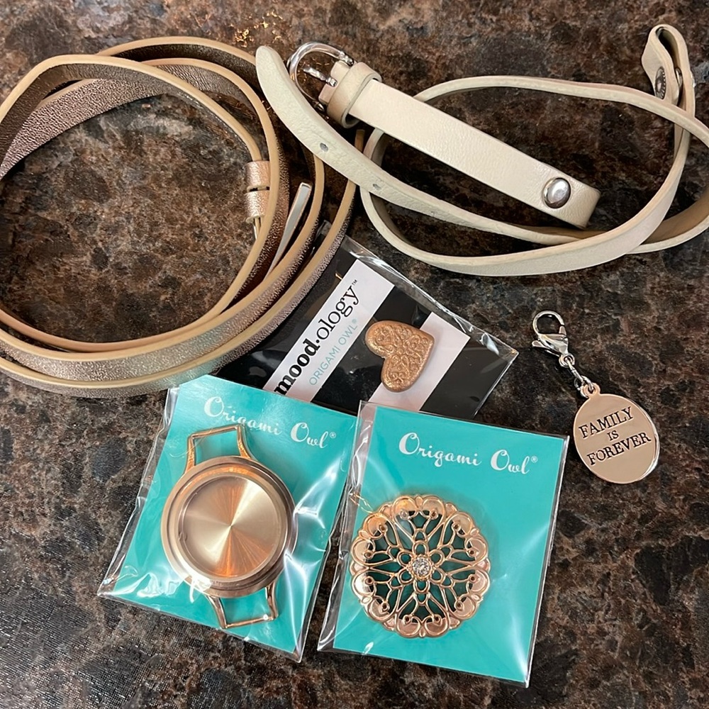 Origami Owl-bracelet, locket, twist face, two bands, mood-ology stone, & dangle